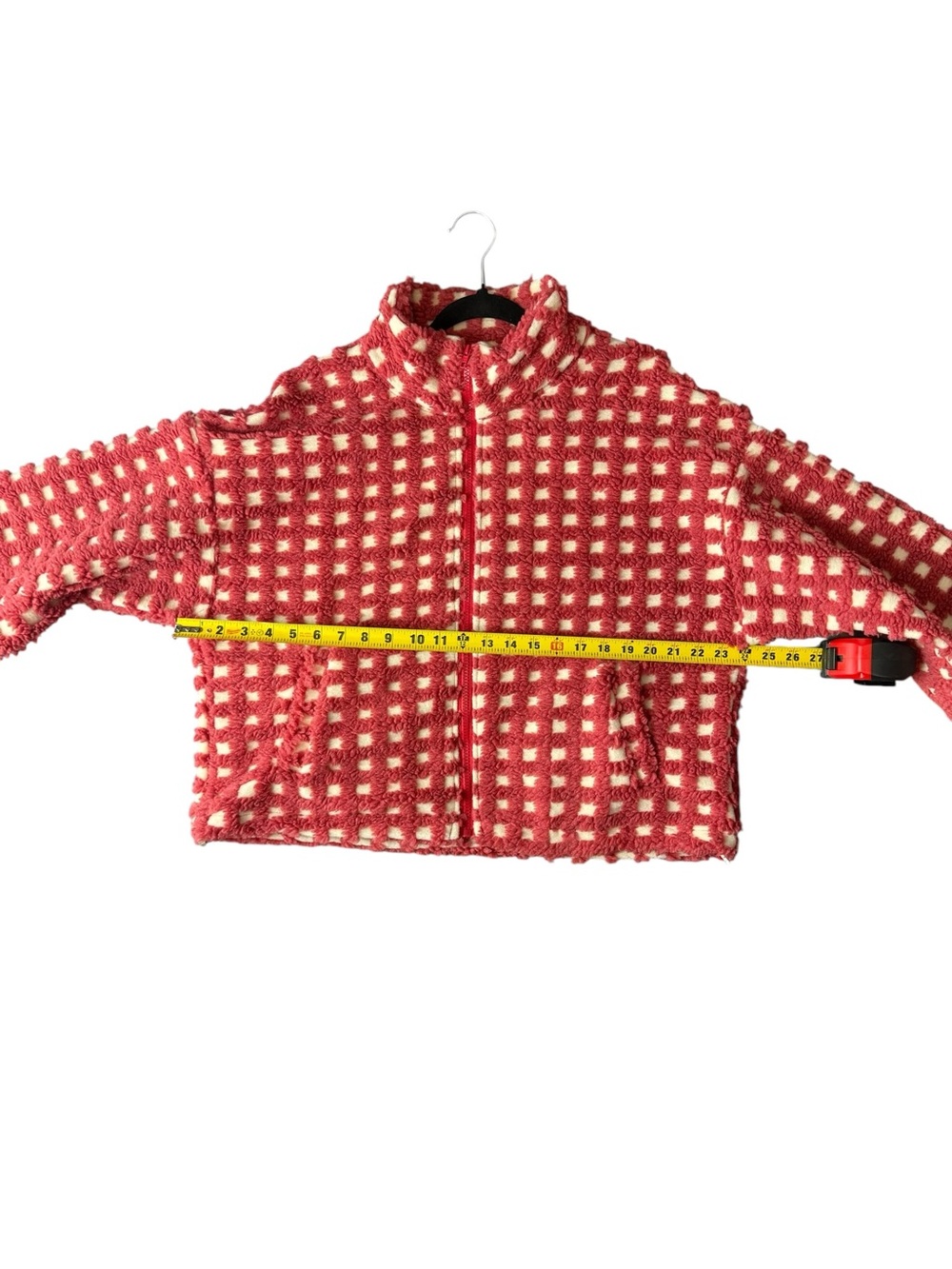Textured Grid Checkered Sherpa Zip Jacket Pink Cream Oversized Cozy Cropped, L - Picture 9 of 15